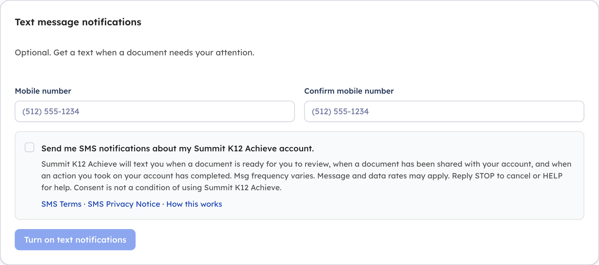 Summit K12 Achieve Notification Preferences screen showing an unchecked SMS consent checkbox labelled "Send me SMS notifications about my Summit K12 Achieve account." with the disclosure text beneath it.